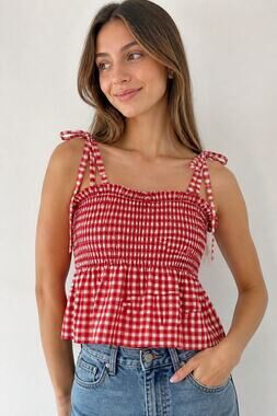 Ghanda Red Gingham Smocked Peplum Tank Top S
